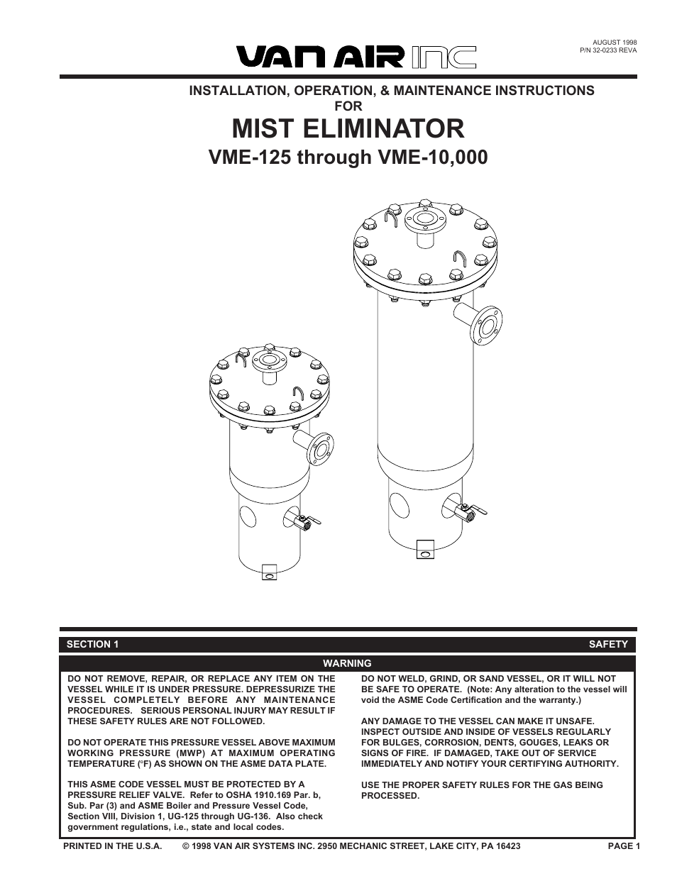 Van Air Systems Mist Eliminator User Manual | 8 pages