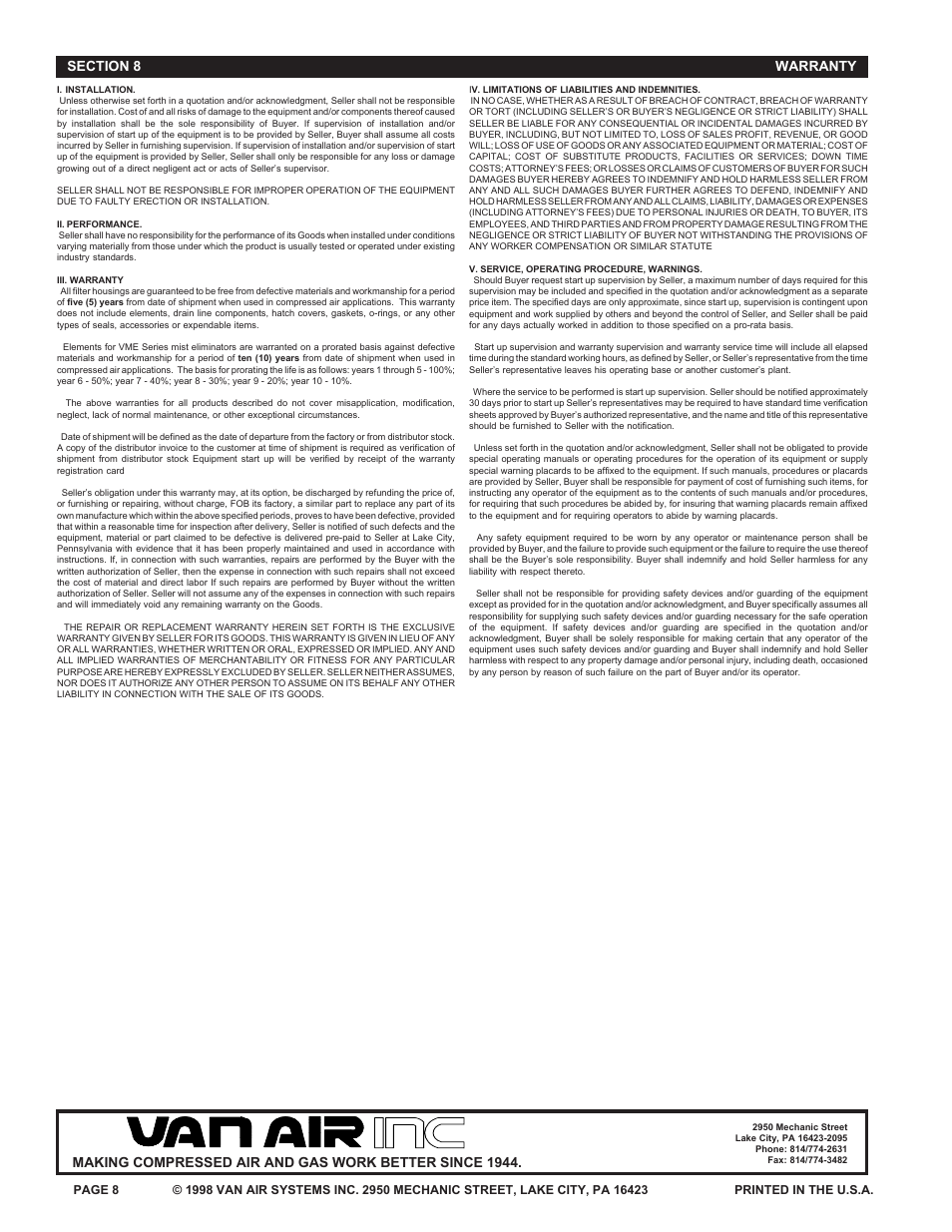 Van Air Systems Mist Eliminator User Manual | Page 8 / 8