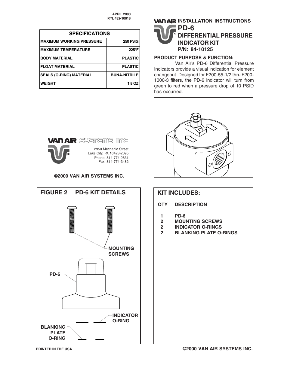 Van Air Systems PD-6 Pressure Differential Gauge Kits User Manual | 2 pages