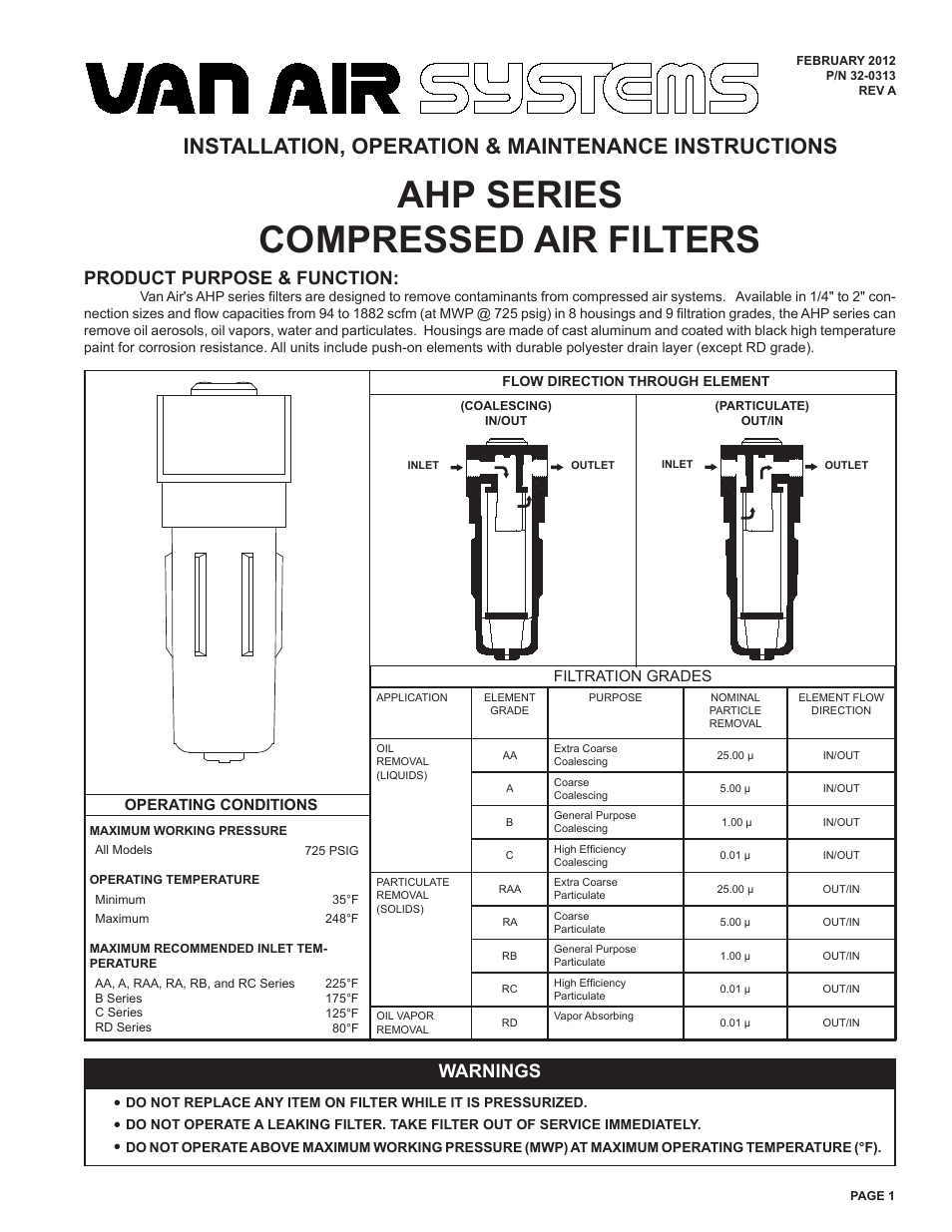 Van Air Systems AHP High Pressure Alloy Filter Series IOM User Manual | 4 pages