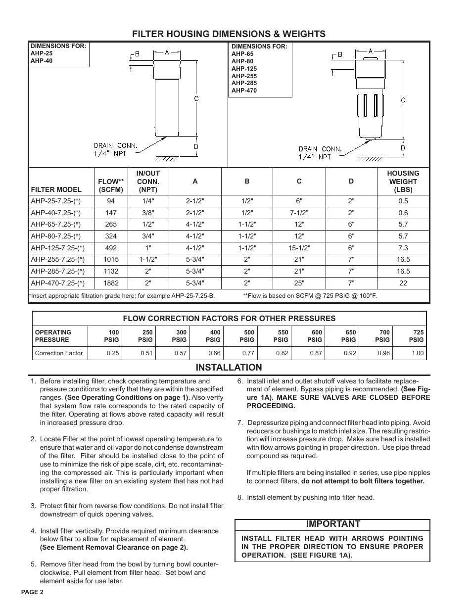 Filter housing dimensions & weights, Installation, Important | Van Air Systems AHP High Pressure Alloy Filter Series IOM User Manual | Page 2 / 4