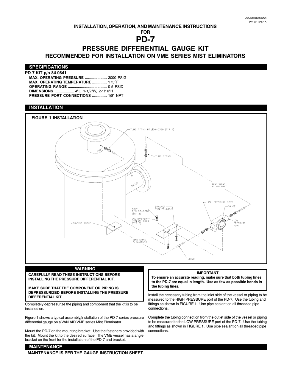 Van Air Systems PD-7 Pressure Differential Gauge Kit User Manual | 3 pages