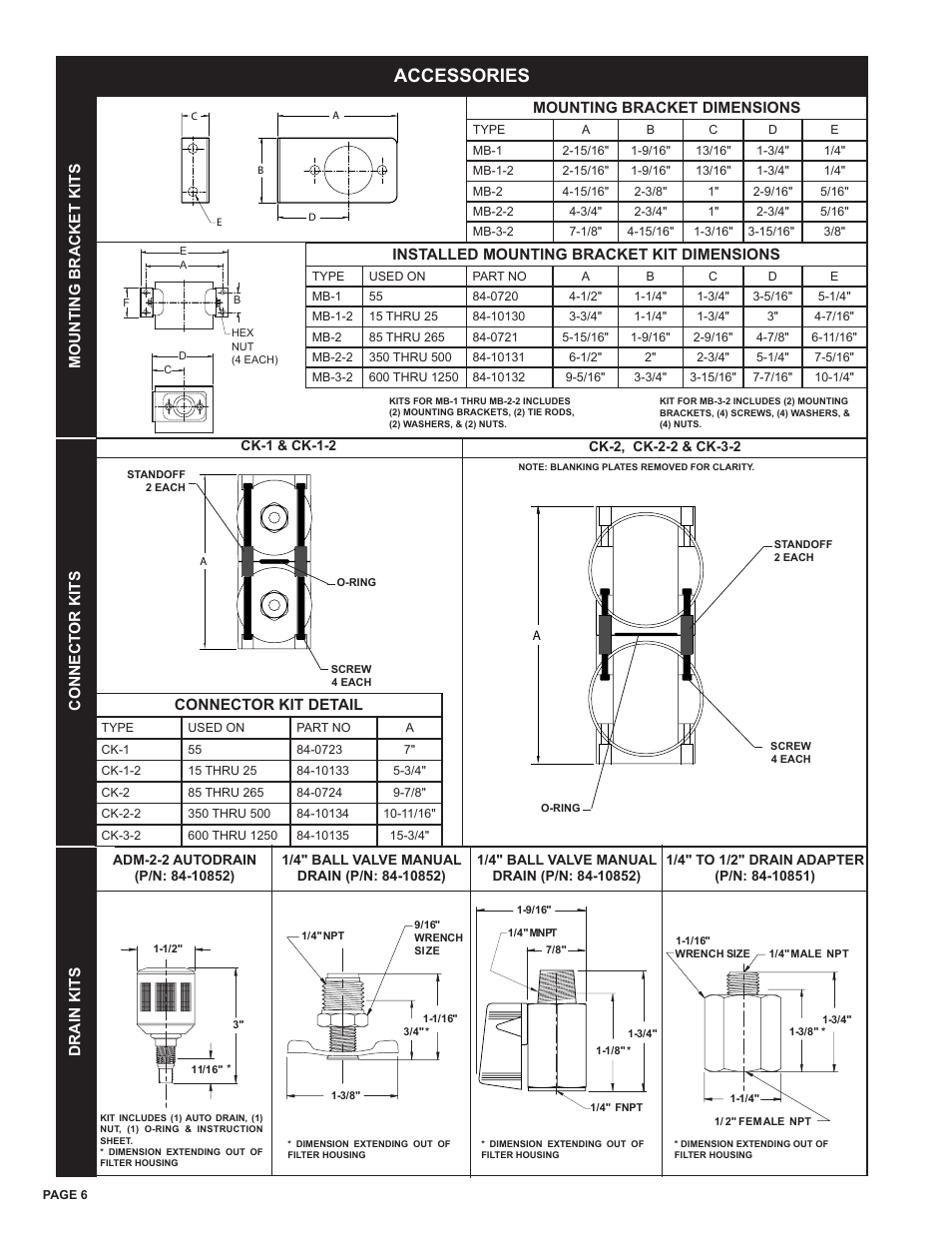 Accessories, Mounting bracket kits connect or kits drain kits, Mounting bracket dimensions | Installed mounting bracket kit dimensions, Connector kit detail | Van Air Systems F200 Series User Manual | Page 6 / 8