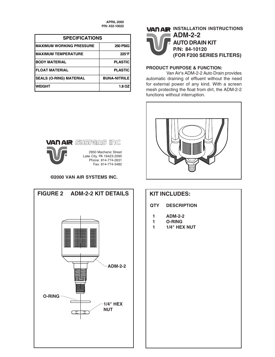 Van Air Systems Autodrain Kit User Manual | 2 pages