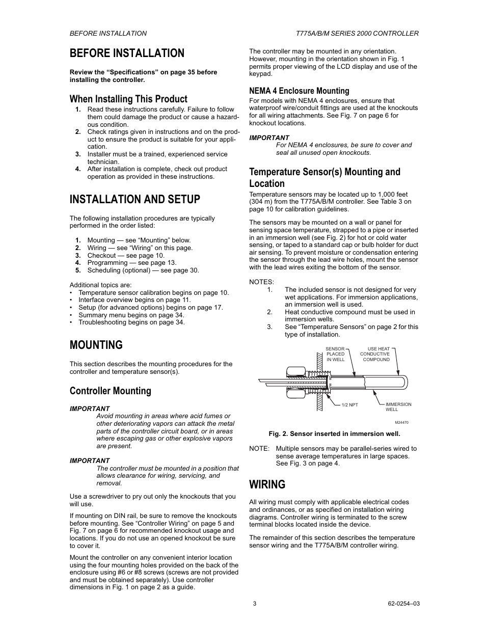 Sensor wiring, Before installation, Installation and setup | Mounting, Wiring, When installing this product, Controller mounting, Temperature sensor(s) mounting and location, Nema 4 enclosure mounting | Van Air Systems FP-3 Kit User Manual | Page 11 / 44