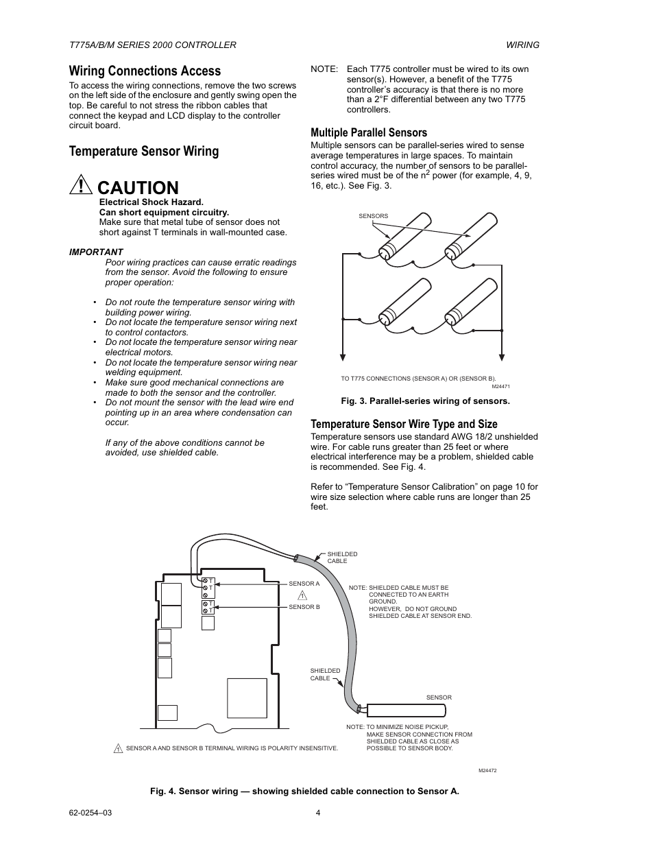 Controller wiring, Caution, Wiring connections access | Temperature sensor wiring, Multiple parallel sensors, Temperature sensor wire type and size | Van Air Systems FP-3 Kit User Manual | Page 12 / 44