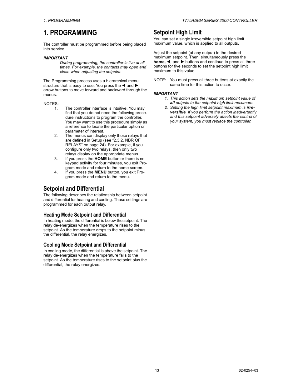Programming, Setpoint and differential, Setpoint high limit | Van Air Systems FP-3 Kit User Manual | Page 21 / 44