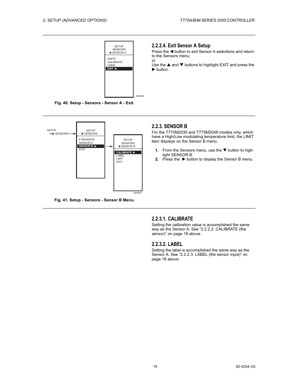 Exit sensor a setup, Sensor b, Calibrate | Label | Van Air Systems FP-3 Kit User Manual | Page 27 / 44