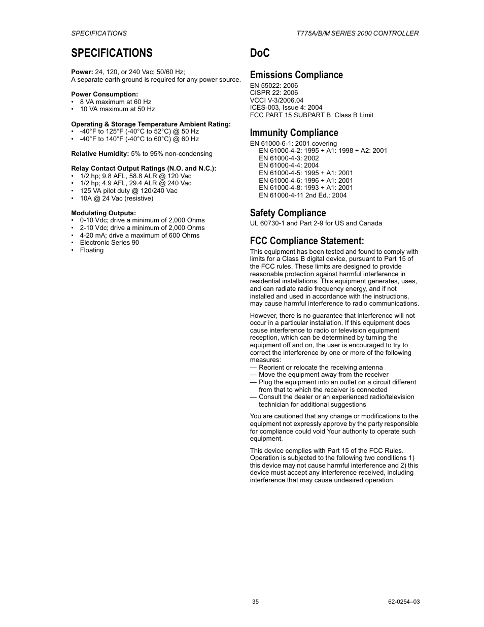 Specifications, Emissions compliance, Immunity compliance | Safety compliance, Fcc compliance statement | Van Air Systems FP-3 Kit User Manual | Page 43 / 44