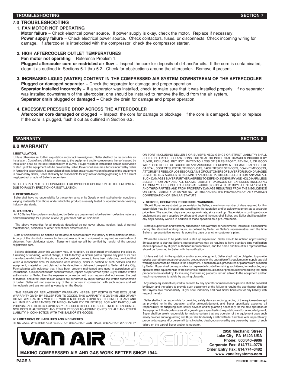 Van Air Systems AC 50 to 130 User Manual | Page 8 / 8