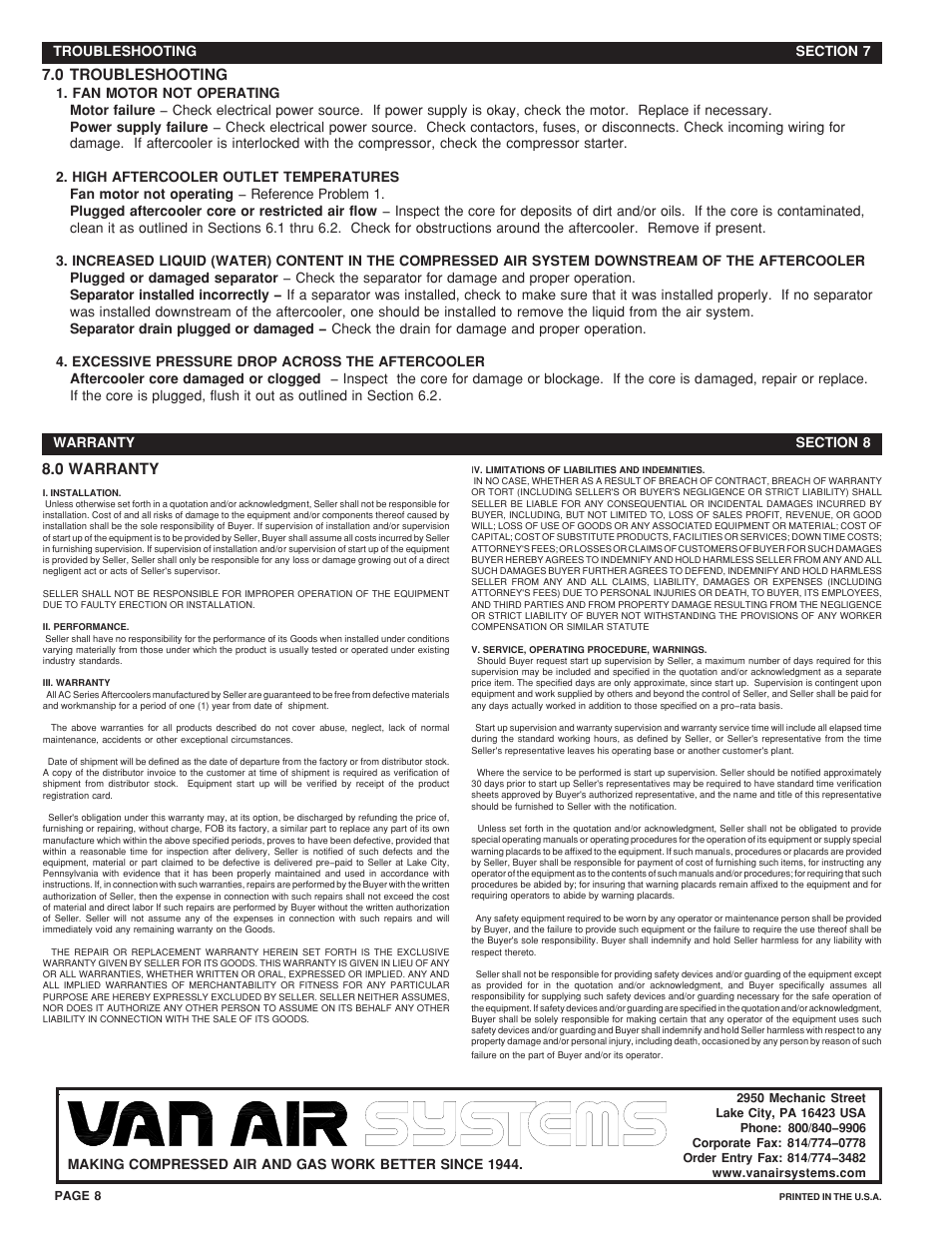 Van Air Systems AC 140 to 220 User Manual | Page 8 / 8