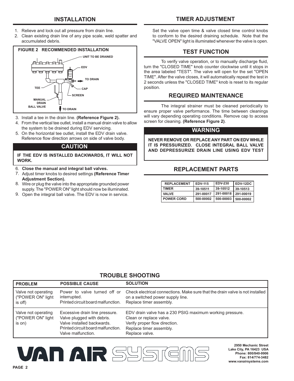 Installation, Test function, Warning | Caution, Timer adjustment, Required maintenance trouble shooting, Replacement parts | Van Air Systems EDV-115 User Manual | Page 2 / 2