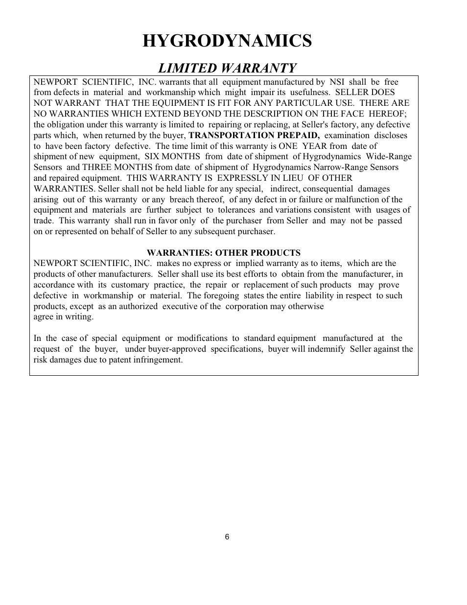 Hygrodynamics, Limited warranty | Van Air Systems Dew Point Meter 46-2529 2-02 User Manual | Page 8 / 9