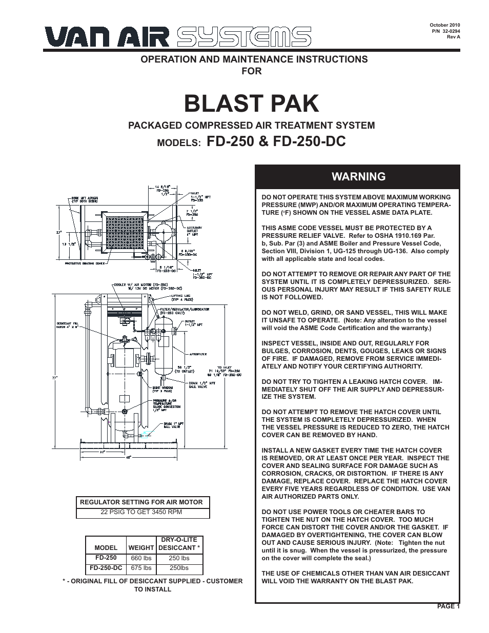 Van Air Systems FD-250 User Manual | 4 pages