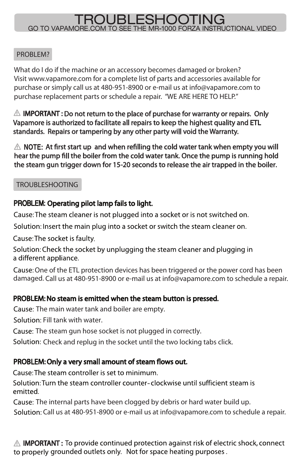 Troubleshooting | Vapamore MR-1000 Forza User Manual | Page 11 / 14