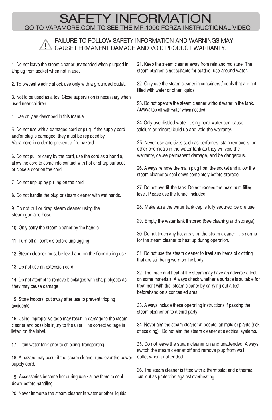 Safety information | Vapamore MR-1000 Forza User Manual | Page 2 / 14
