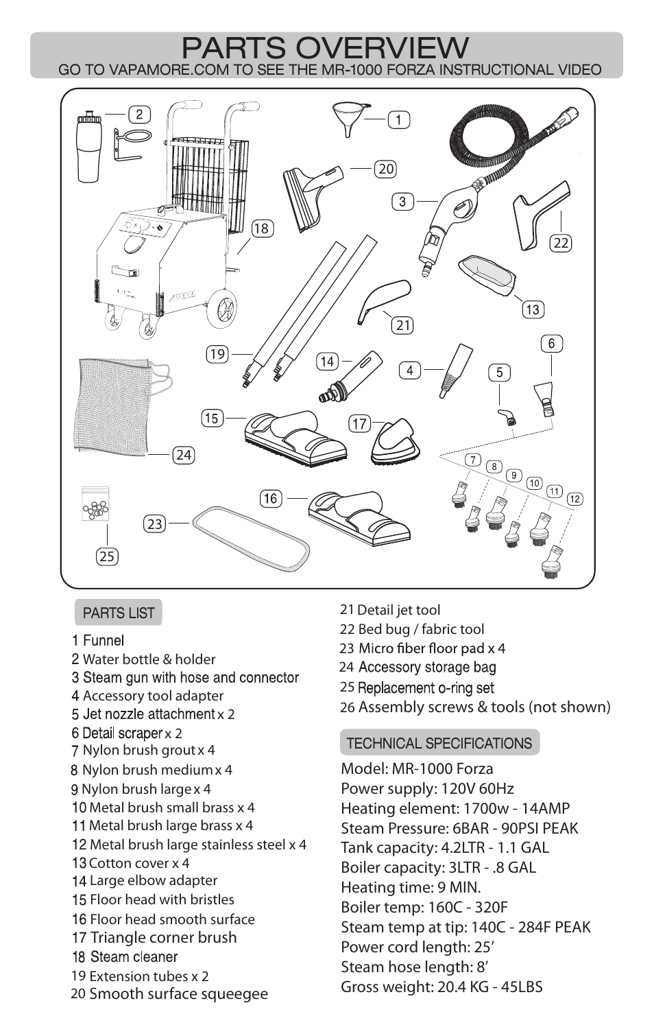 Parts overview | Vapamore MR-1000 Forza User Manual | Page 3 / 14