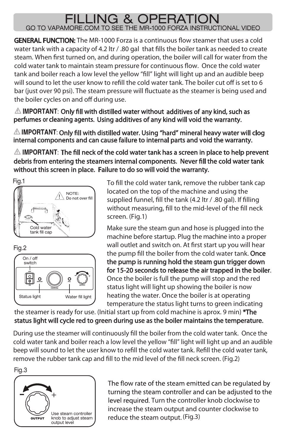 Filling & operation | Vapamore MR-1000 Forza User Manual | Page 6 / 14