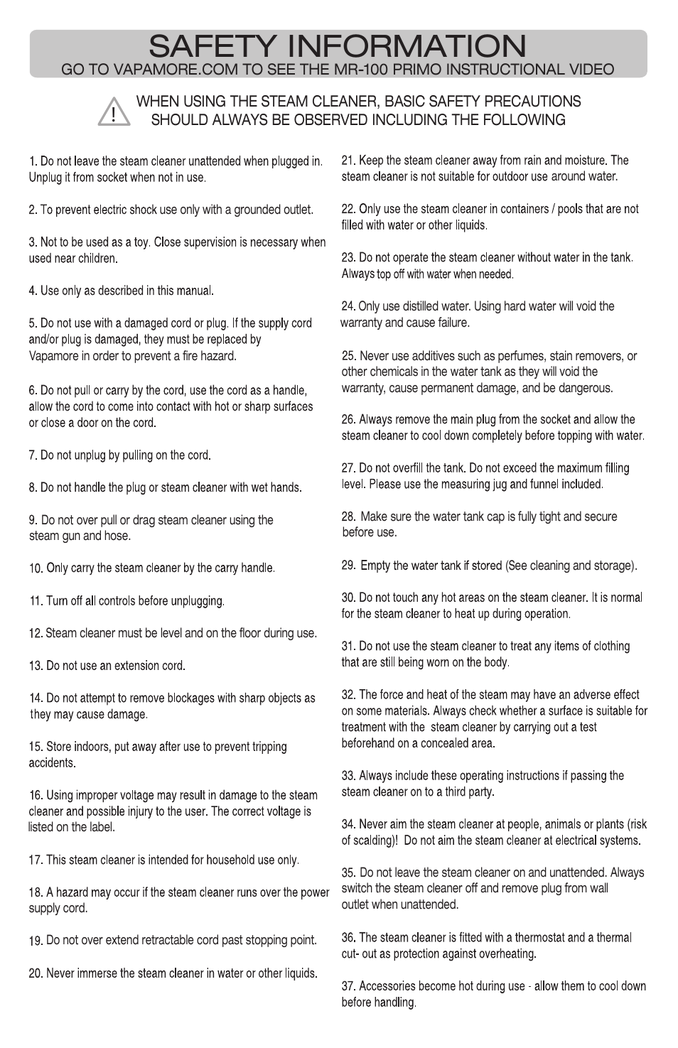 Safety information | Vapamore MR-100 Primo User Manual | Page 2 / 14