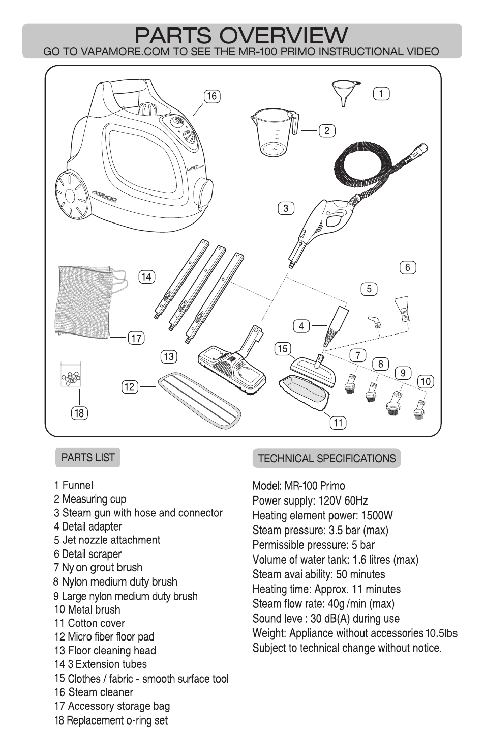 Parts overview | Vapamore MR-100 Primo User Manual | Page 3 / 14