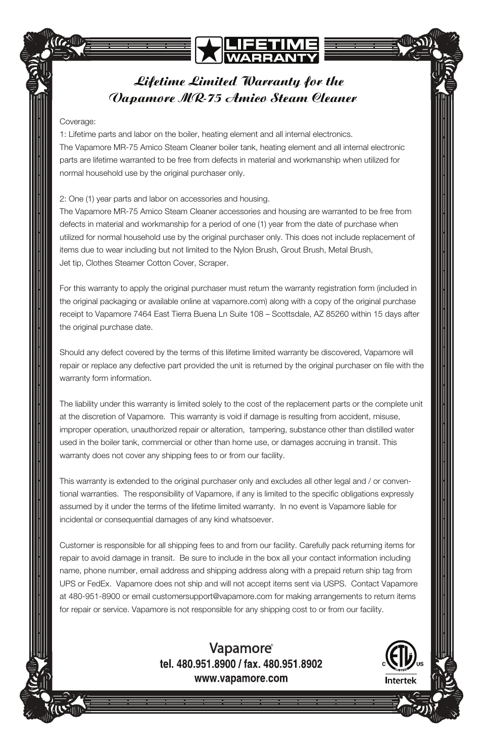 Vapamore | Vapamore MR-75 Amico User Manual | Page 12 / 12