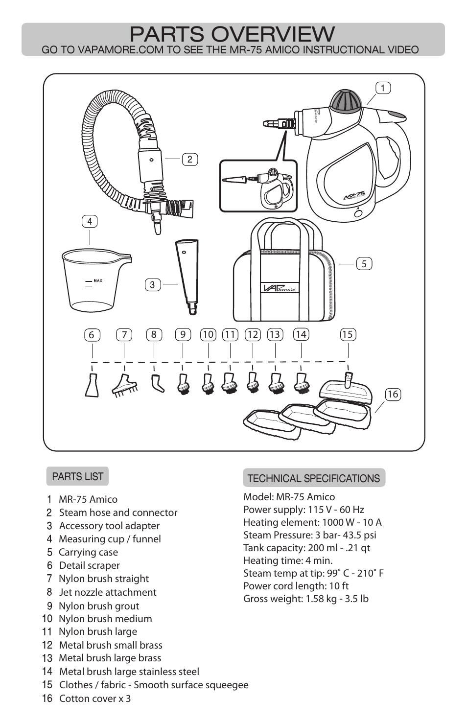 Parts overview | Vapamore MR-75 Amico User Manual | Page 4 / 12