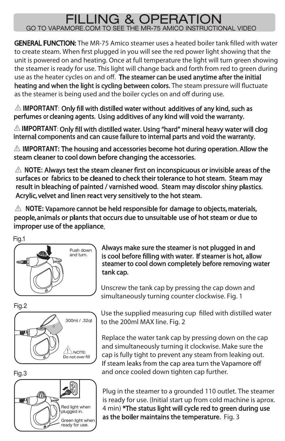 Filling & operation | Vapamore MR-75 Amico User Manual | Page 5 / 12