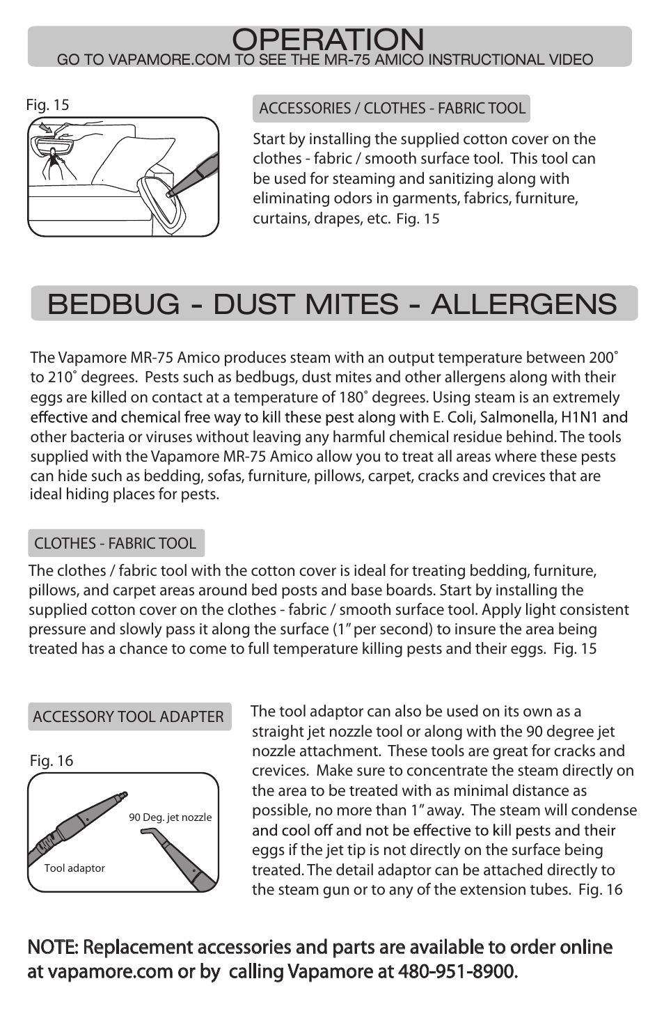 Operation, Bedbug - dust mites - allergens | Vapamore MR-75 Amico User Manual | Page 8 / 12