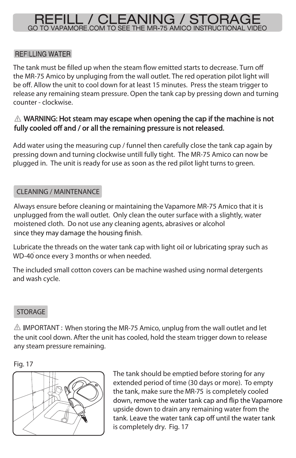 Refill / cleaning / storage | Vapamore MR-75 Amico User Manual | Page 9 / 12