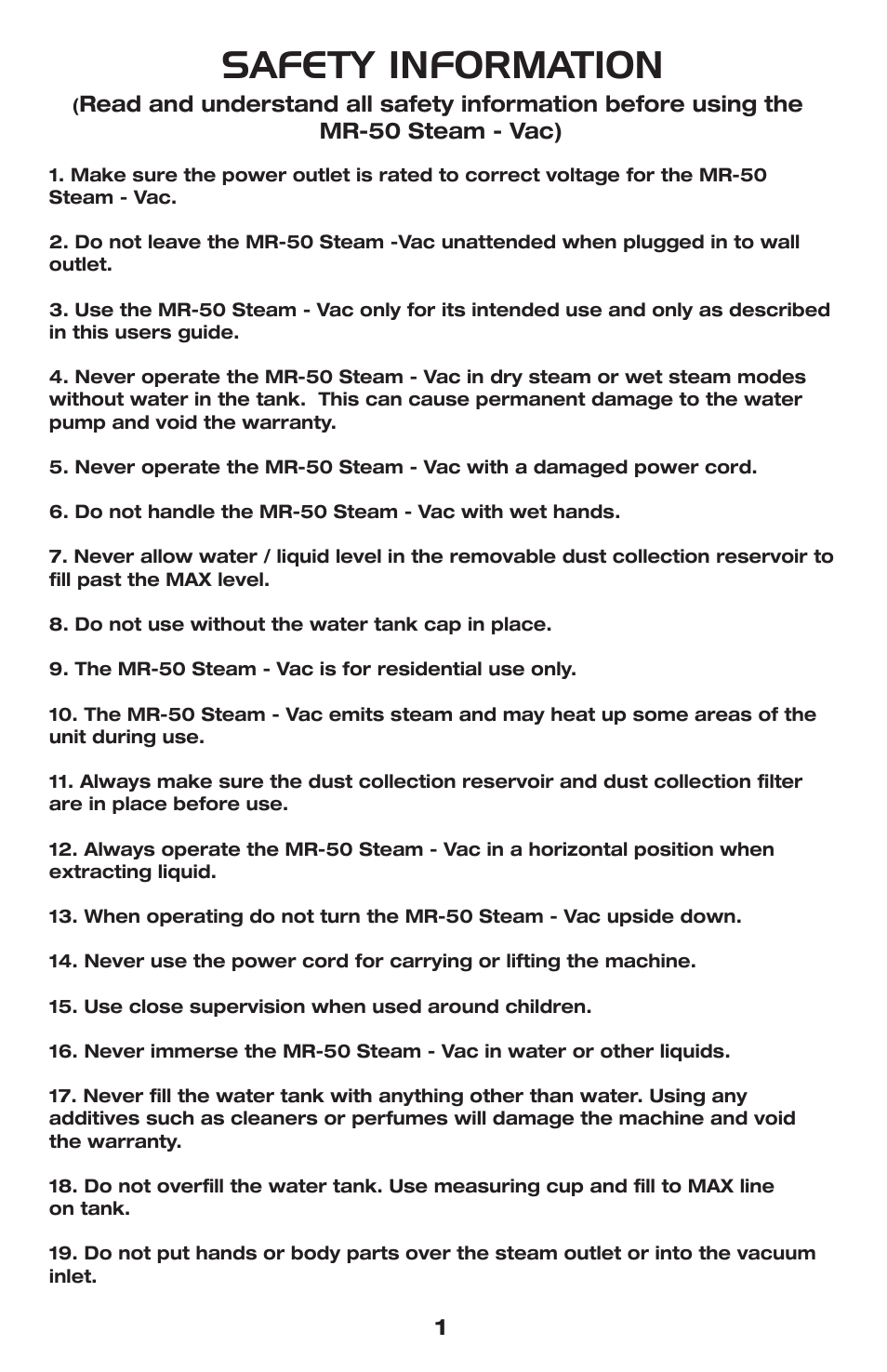 Safety information | Vapamore MR-50 Steam/Vac User Manual | Page 2 / 6