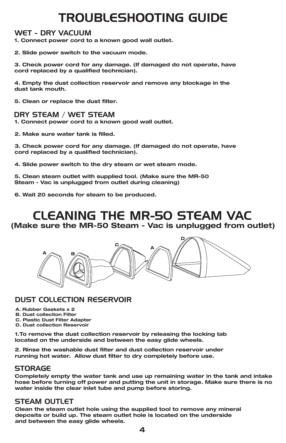 Troubleshooting guide, Cleaning the mr-50 steam vac, Wet - dry vacuum 4 | Dry steam / wet steam, Storage | Vapamore MR-50 Steam/Vac User Manual | Page 5 / 6