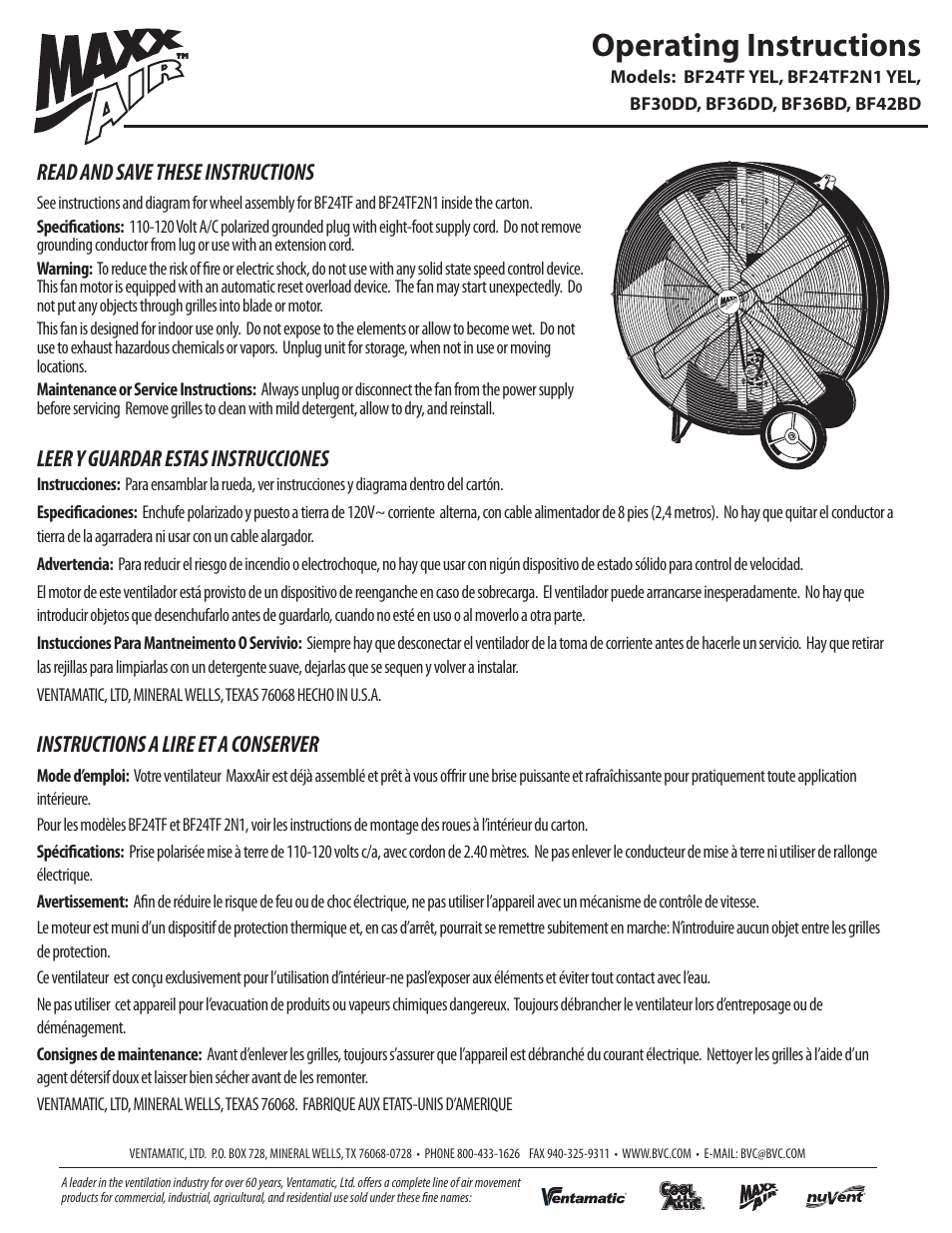 Ventamatic BF42BD User Manual | 2 pages
