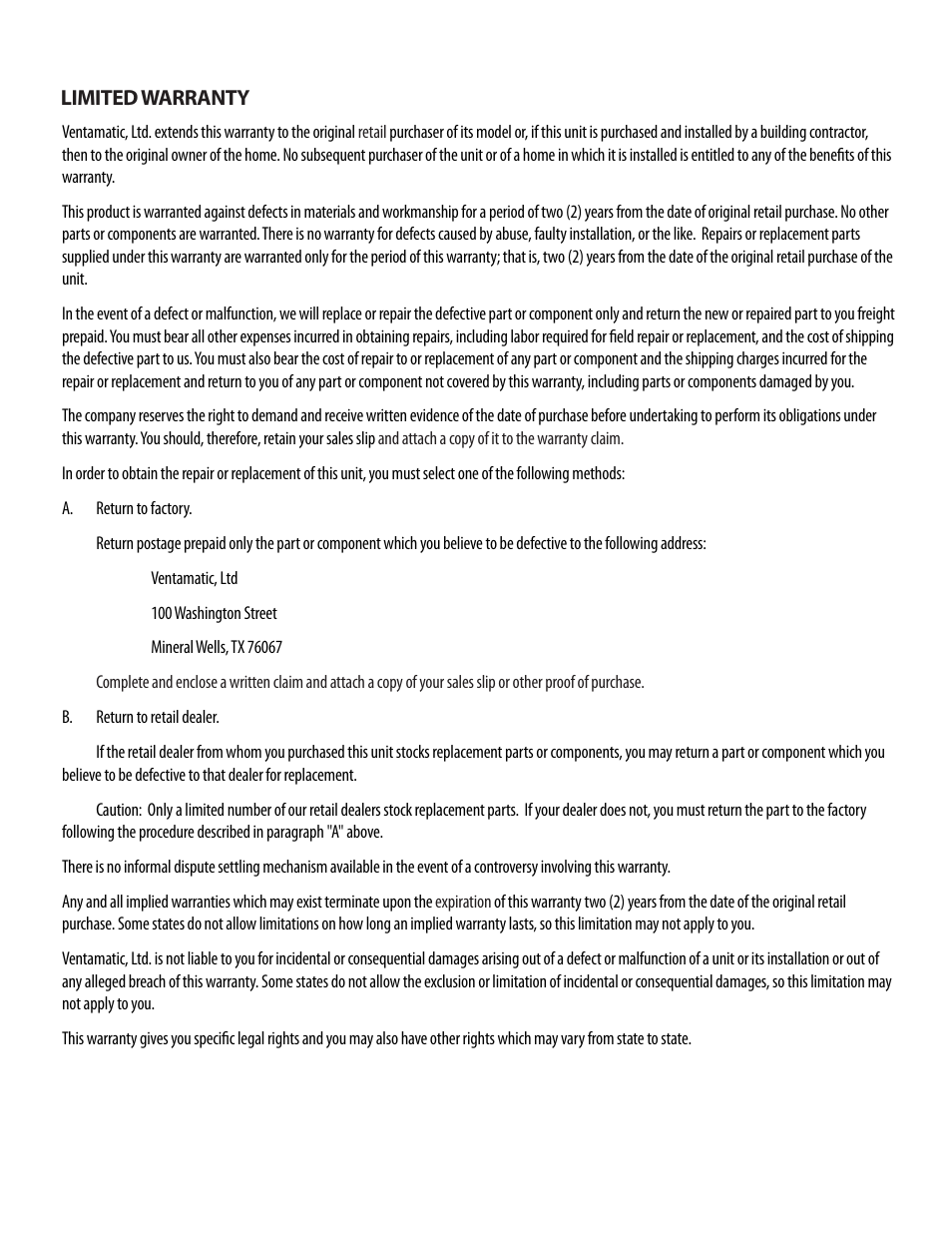 Ventamatic BF42BD User Manual | Page 2 / 2
