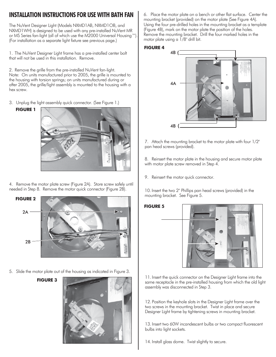 Desig (kit) install instr-p2, Installation instructions for use with bath fan | Ventamatic NXMD1WH User Manual | Page 2 / 2