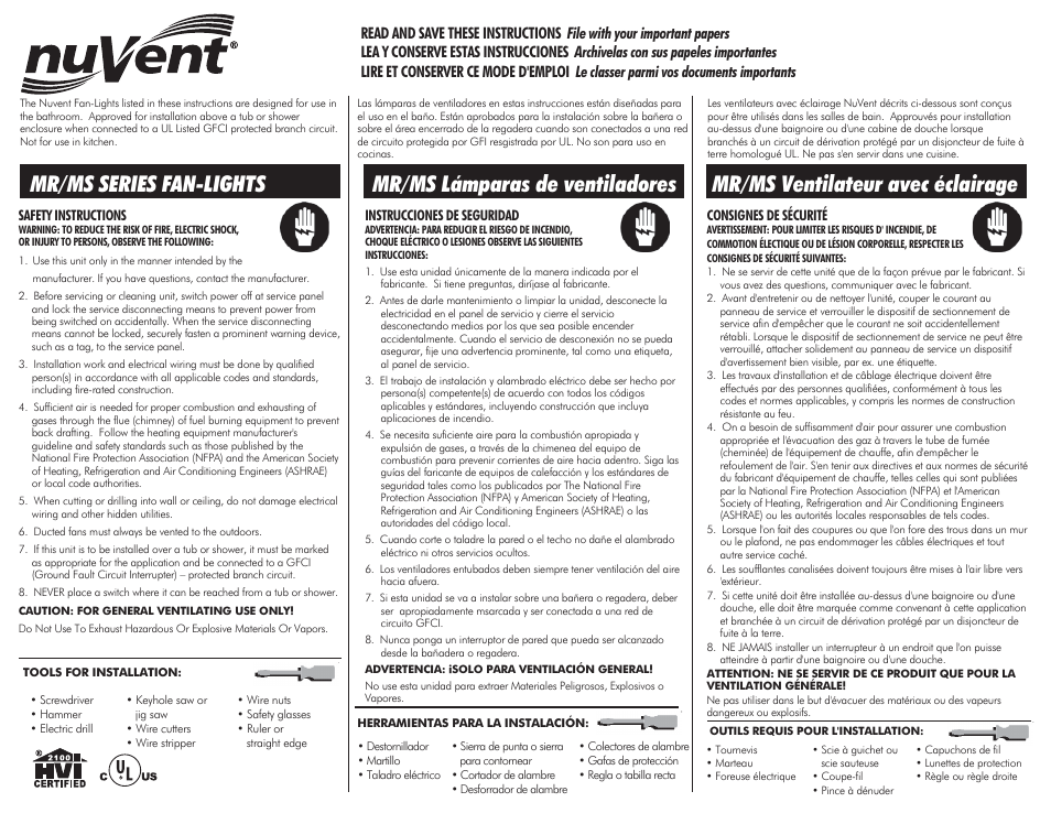 Ventamatic MS Series Fan-Lights User Manual | 4 pages