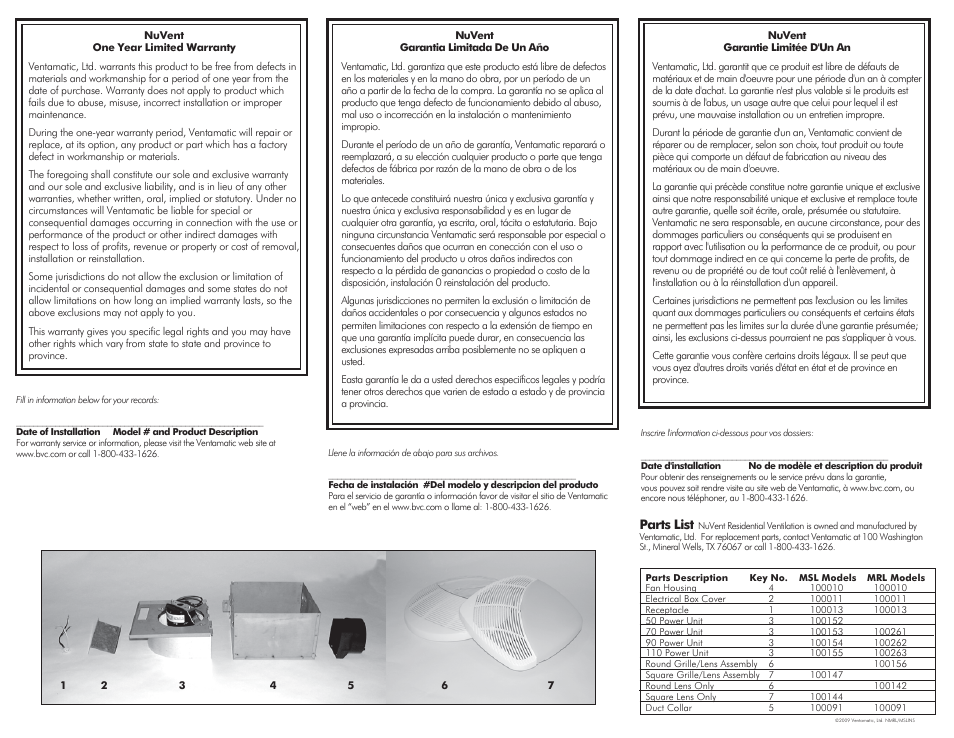 M fan-lights p4, Parts list | Ventamatic MS Series Fan-Lights User Manual | Page 4 / 4