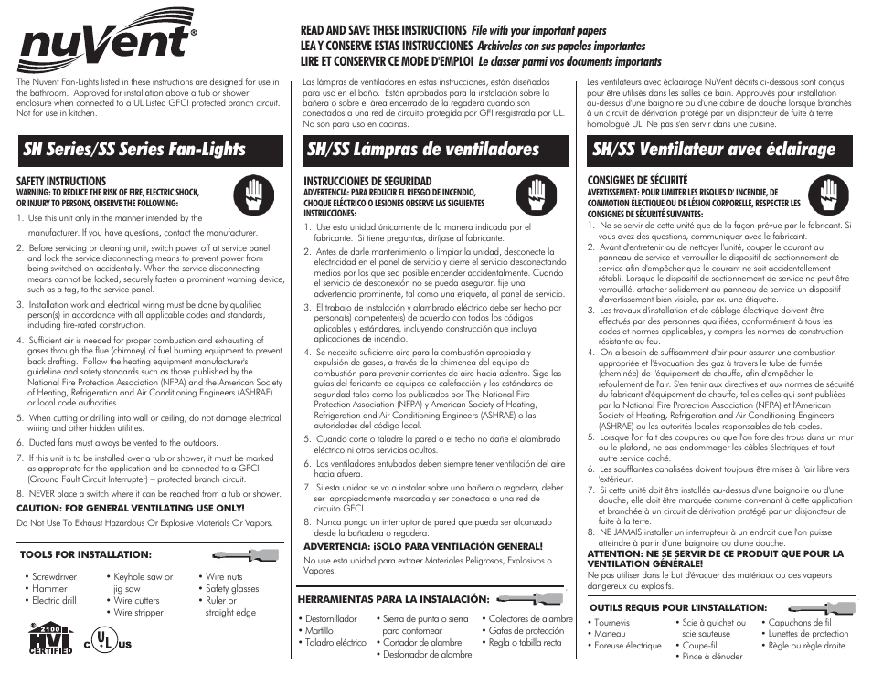 Ventamatic SS Series Fan-Lights User Manual | 4 pages