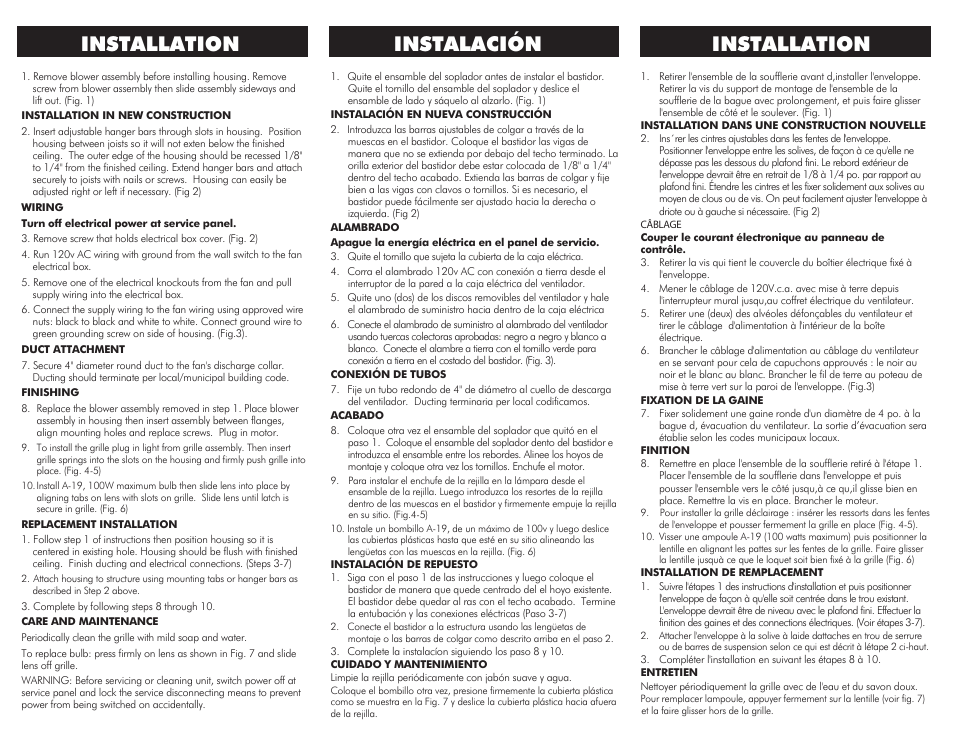 Sh-ss fan-lights p3, Installation, Installation instalación | Ventamatic SS Series Fan-Lights User Manual | Page 3 / 4