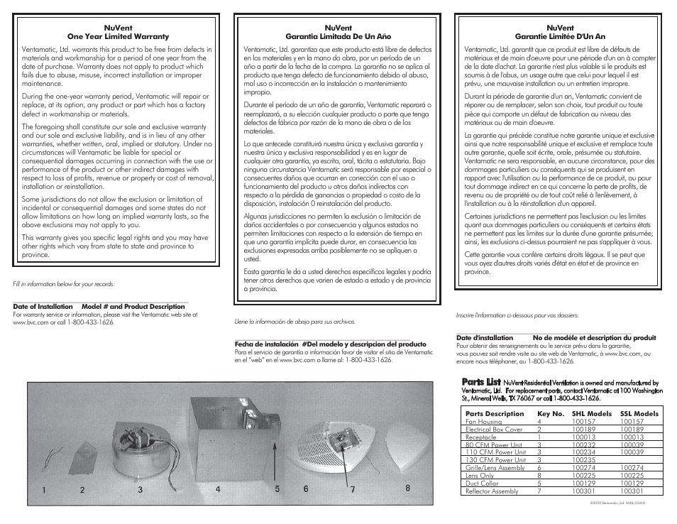 Sh-ss fan-lights p4, Parts list | Ventamatic SS Series Fan-Lights User Manual | Page 4 / 4