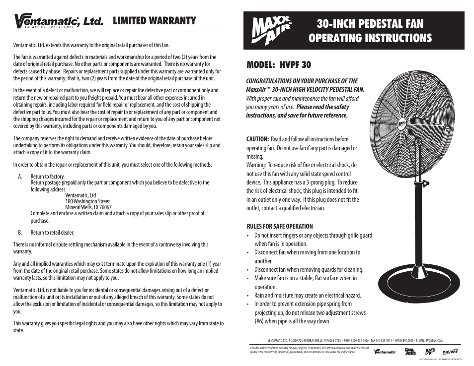 Ventamatic HVPF 30 User Manual | 2 pages