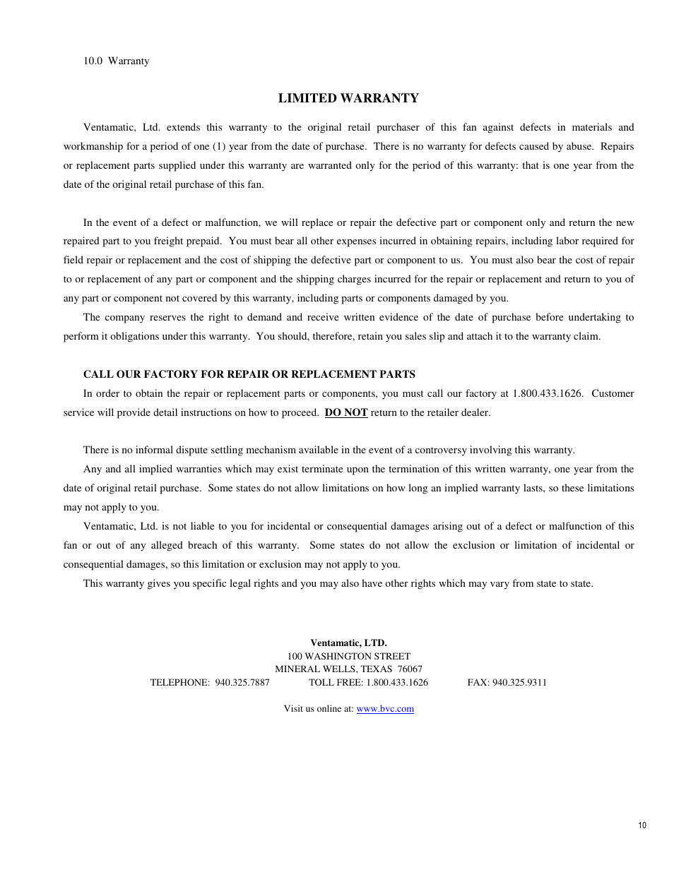 Ventamatic EC36D1 Manual User Manual | Page 10 / 10