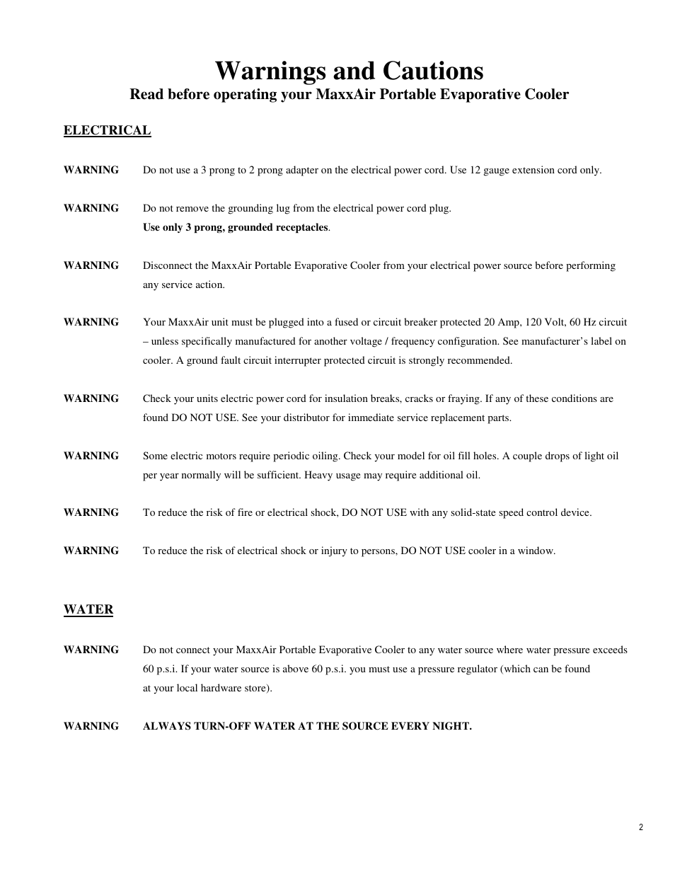 Warnings and cautions | Ventamatic EC48B2 Manual User Manual | Page 2 / 10