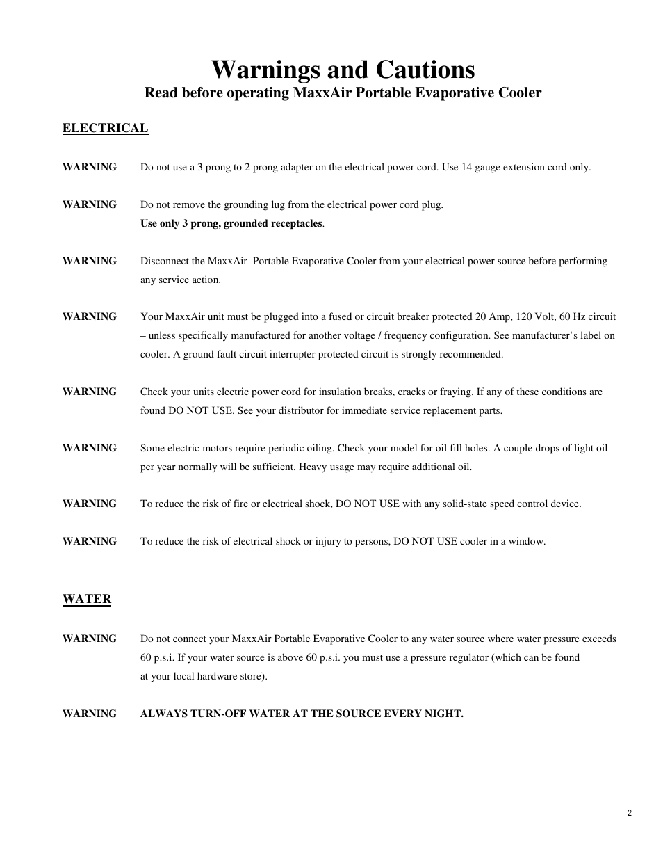 Warnings and cautions | Ventamatic EC18DVS Manual User Manual | Page 2 / 9