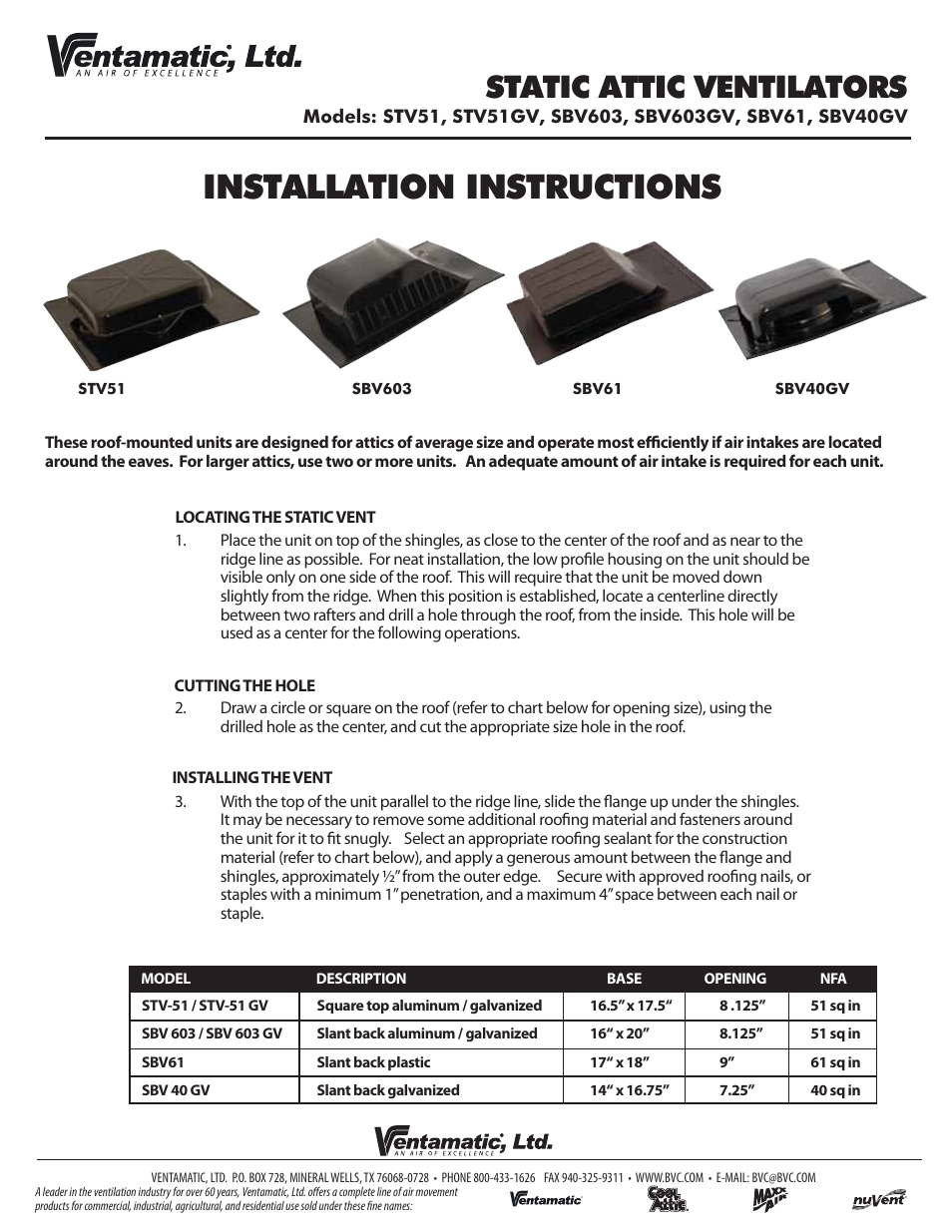 Ventamatic SBV40GV User Manual | 1 page