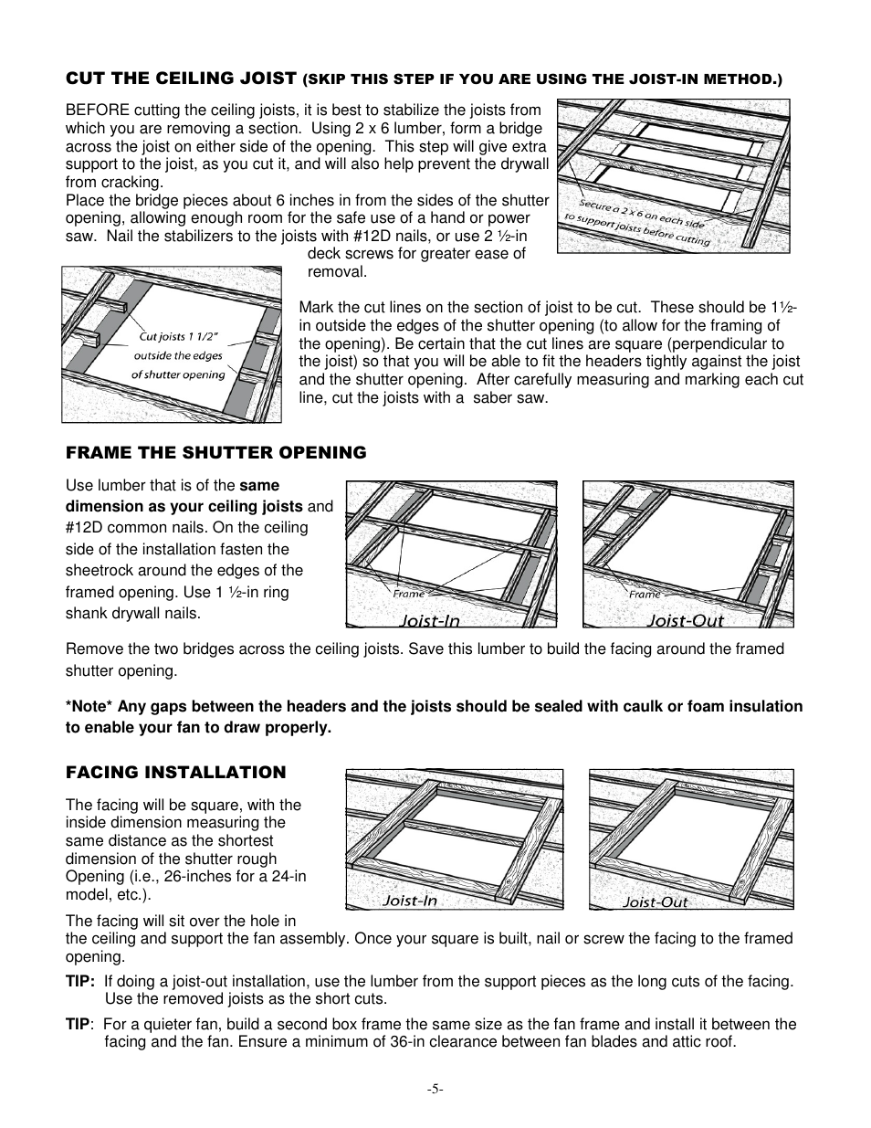 Facing installation, Cut the ceiling joist, Frame the shutter opening | Ventamatic CX36BD2SPD User Manual | Page 5 / 8