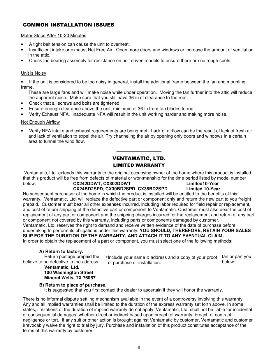 Ventamatic CX36BD2SPD User Manual | Page 8 / 8