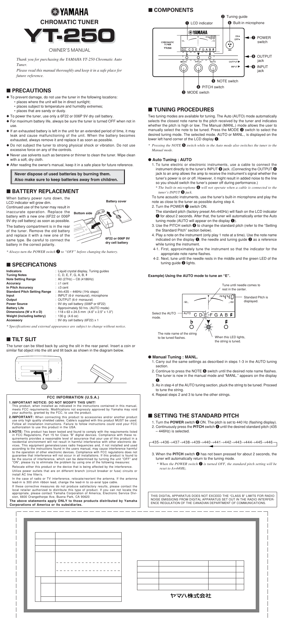 Yt-250, Chromatic tuner, Components | Precautions, Battery replacement, Specifications, Tilt slit, Tuning procedures, Setting the standard pitch | Yamaha YT-250 User Manual | Page 2 / 7