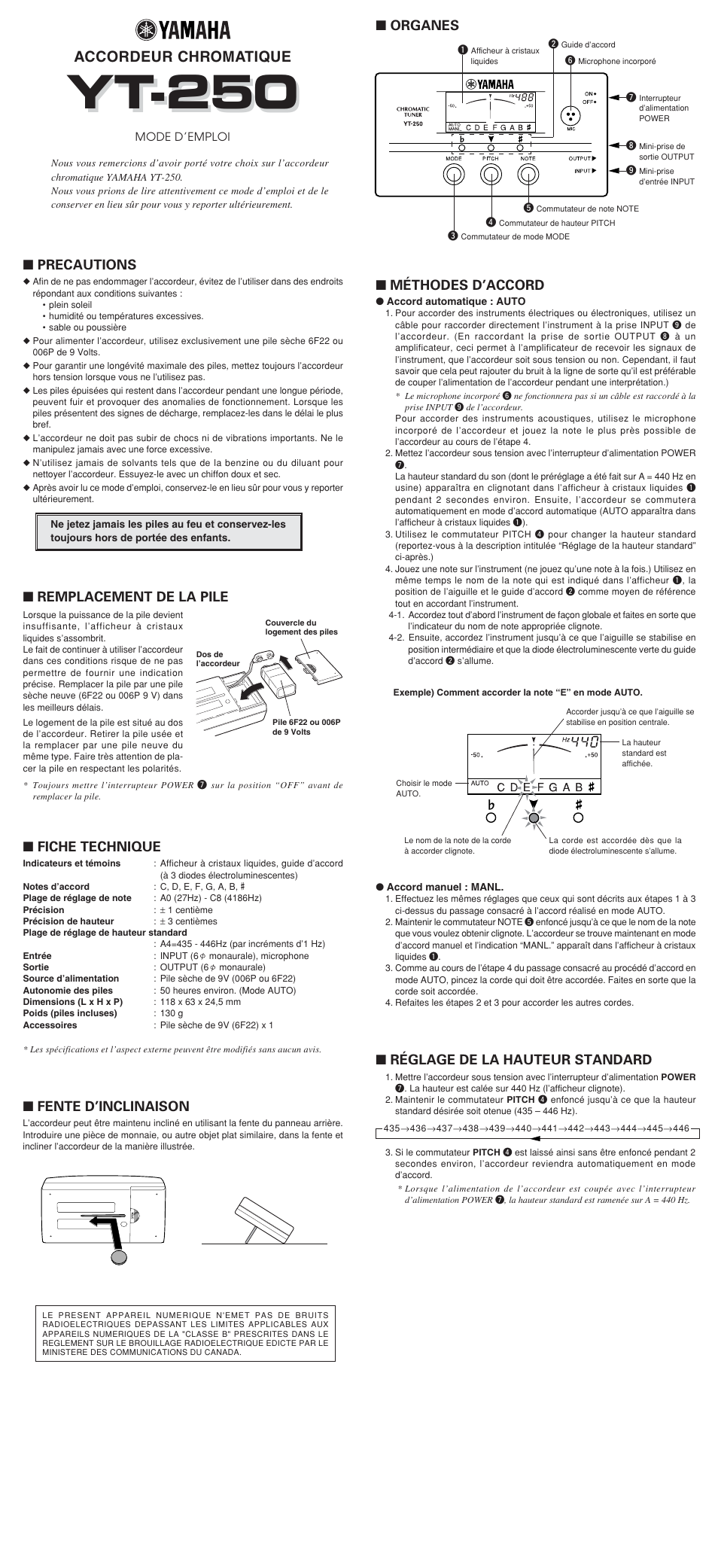 Yt-250, Accordeur chromatique, Precautions | Fente d’inclinaison, Remplacement de la pile, Fiche technique, Réglage de la hauteur standard, Méthodes d’accord, Organes | Yamaha YT-250 User Manual | Page 3 / 7