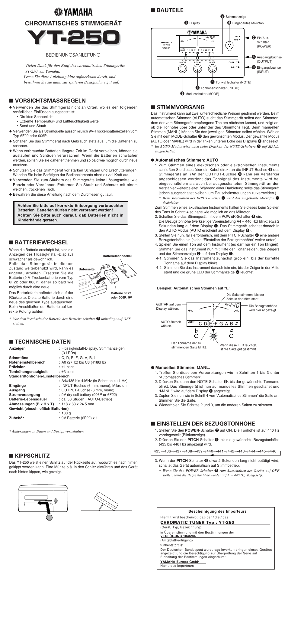 Yt-250, Chromatisches stimmgerät, Vorsichtsmassregeln | Kippschlitz, Batteriewechsel, Technische daten, Einstellen der bezugstonhöhe, Stimmvorgang, Bauteile | Yamaha YT-250 User Manual | Page 4 / 7
