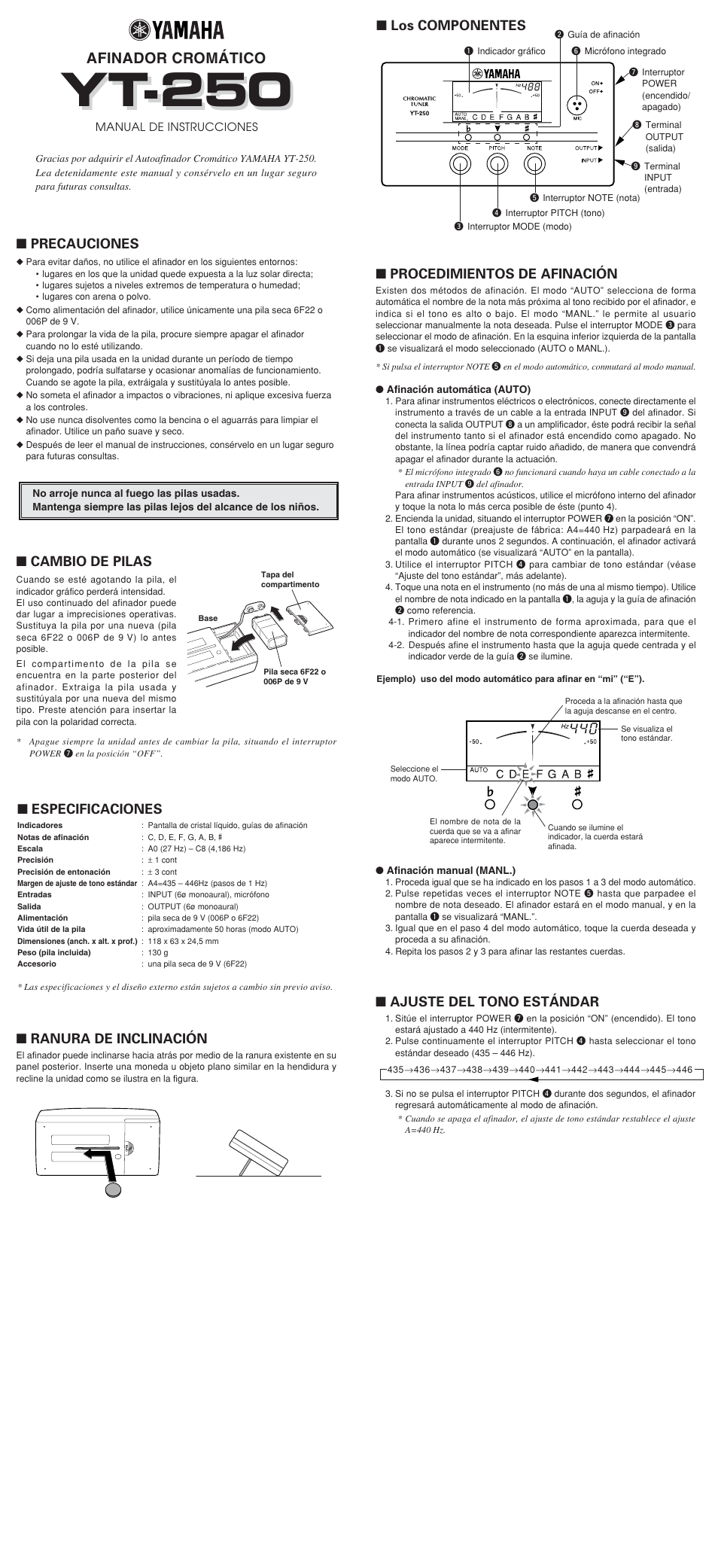 Yt-250, Afinador cromático, Cambio de pilas ■ precauciones | Ranura de inclinación, Especificaciones, Ajuste del tono estándar, Procedimientos de afinación, Los componentes | Yamaha YT-250 User Manual | Page 5 / 7